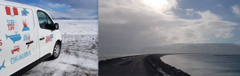rent.is camper parked in the snow and a road with clouds in the background
