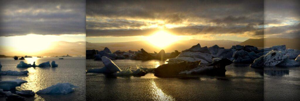 glacier chunks in glacier lagoon in the sunset
