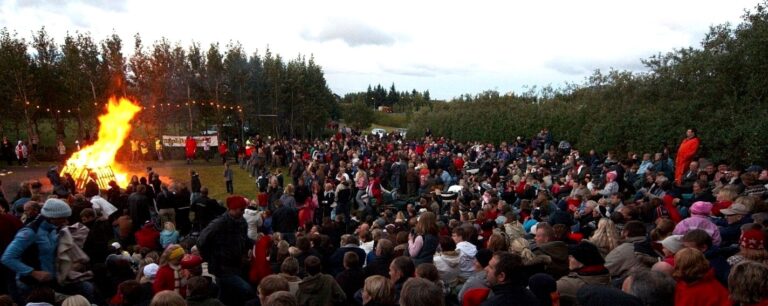 crowd by a fire at a festival in iceland
