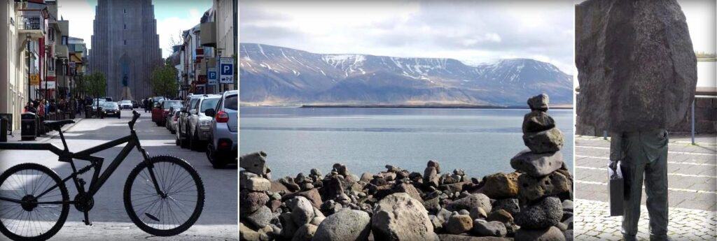 street in reykjavík, rocky beach, statue