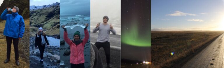 Photocollage of a man and woman and their travels in Iceland showing glacier lagoon and northern lights