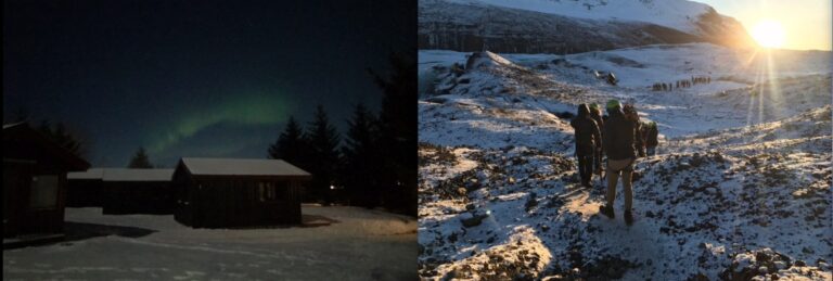 poeple hiking and a cabin in the woods with norther lights
