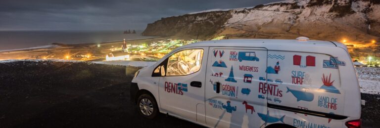 Vik í mýrdal by night with rent.is camper van