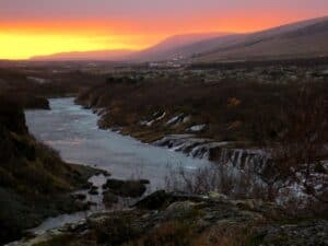 Sunset by Hraunfossar Sunset by Hraunfossar