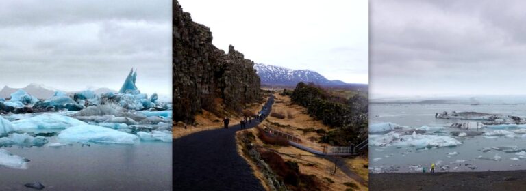 Jökulsárlón, walking path in Þingvellir, glacier