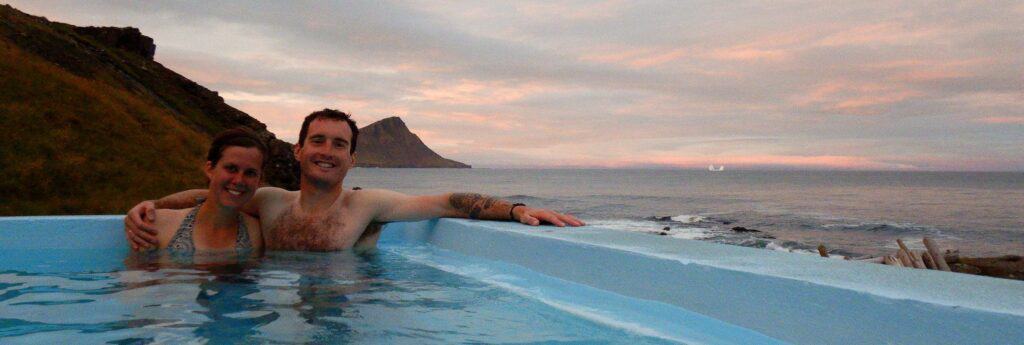 Morning dip in a hot pot in Strandir in Iceland