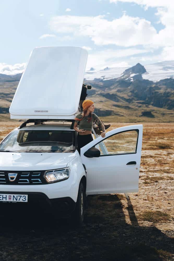 rent Dacia duster 4x4 camper with roof top tent, Iceland volcanic landscape