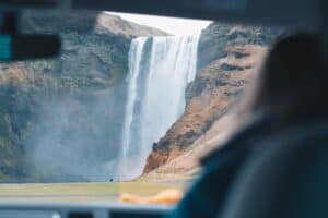 A camper with a Skógafoss view