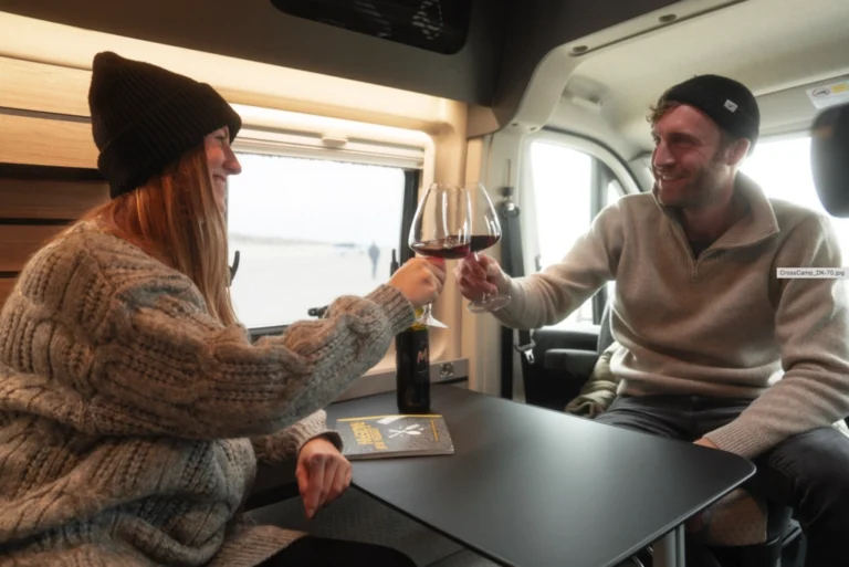 Rent crosscamp flex 541 camper van interior sitting drinking