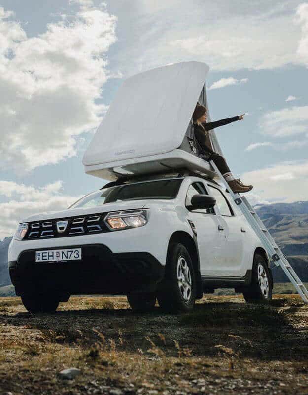 rent.is 4x4 Dacia Duster camper van with rooftop tent and stairs