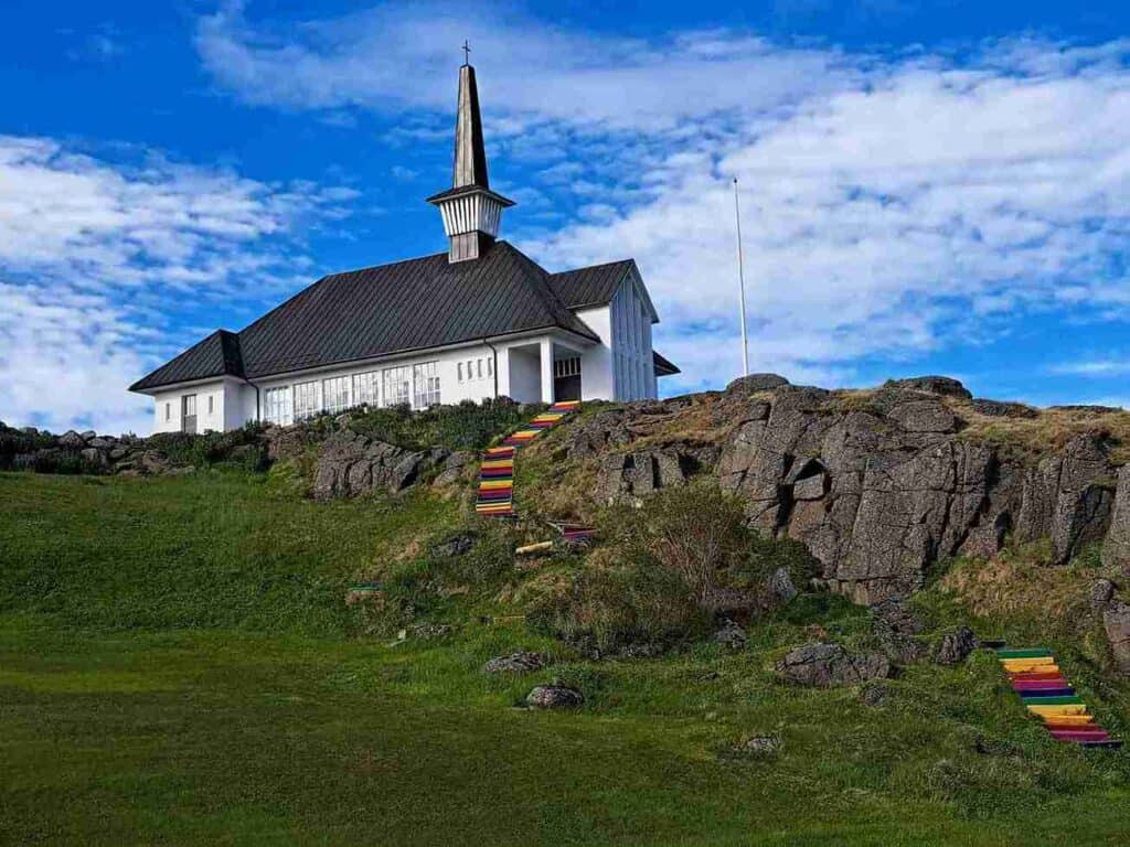 A church like white house on a hill.
Campsite.