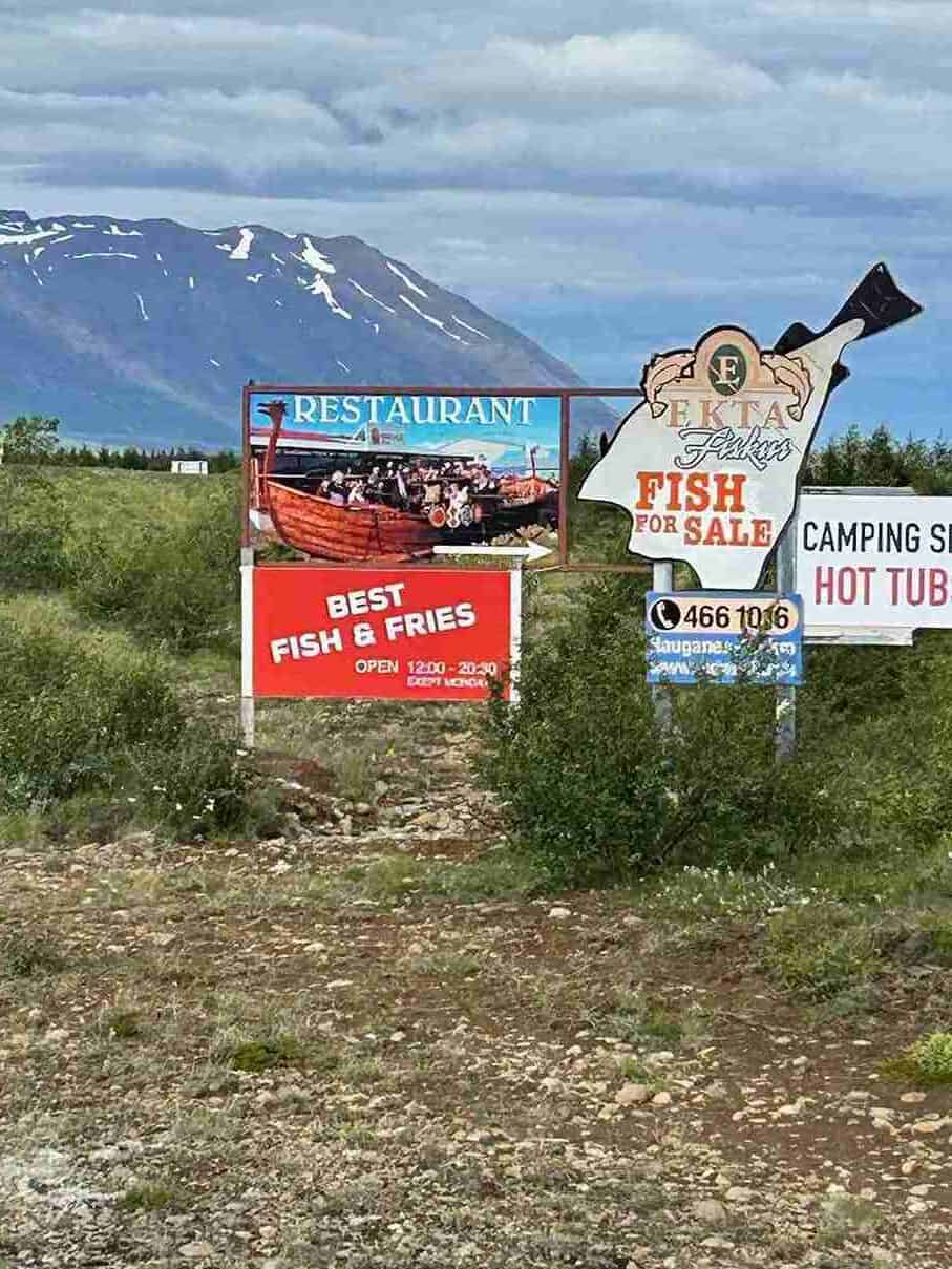 Many signs placed in a field, showing advertisements for restaurants offering fish and chips.
