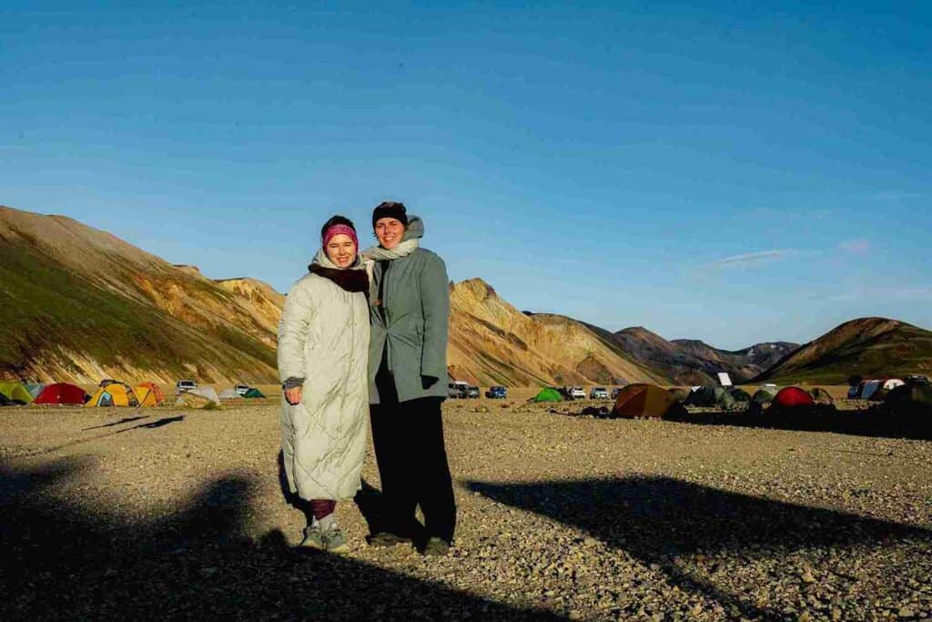 Two girls posing in the campsite of Landmannalaugar