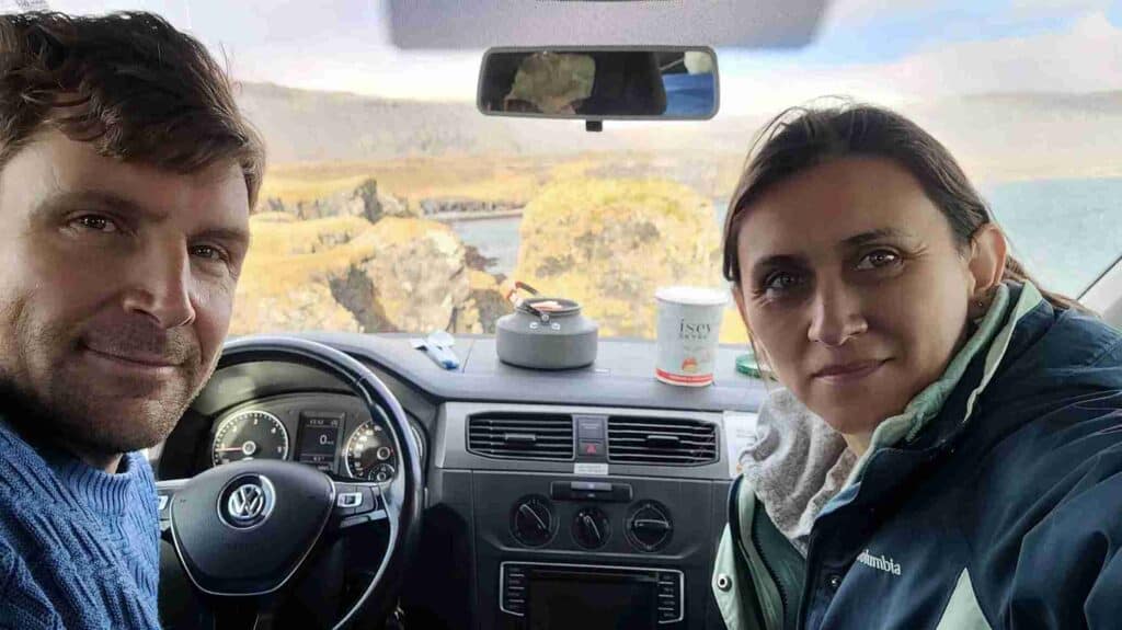 A couple having lunch inside the caddy camper