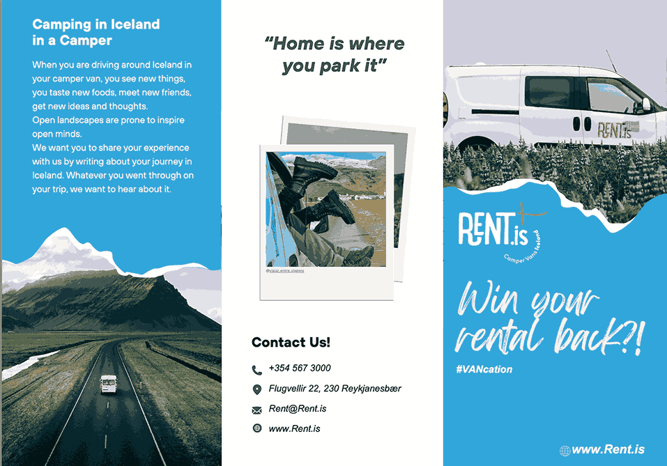 Camperstories Pamplet front "Win your rental Back?!" Iceland blog